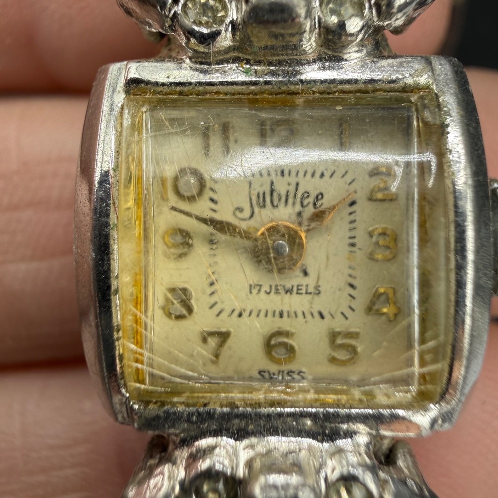 Vintage Jubilee Wristwatch Silver Tone Rhinestone 17 Jewels Swiss Made